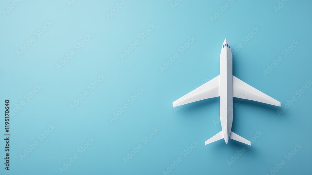 A top-down view of a white airplane on a blue background, symbolizing travel and aviation. A top-down view of a white airplane on a blue background, symbolizing travel and aviation.