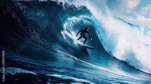 Fototapeta Naklejka Na Ścianę i Meble -  Surfing. Surfer. Male surfer rides a wave. Male surfer rides an ocean wave on a longboard. Ocean, sea, Wave. Active sport. Active recreation.	
