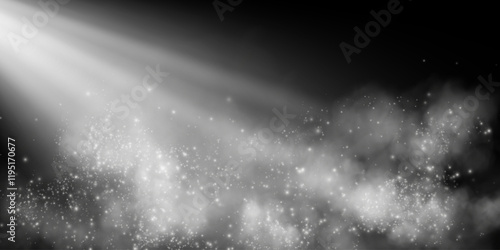 An image of soft beams of light illuminating mist and glitter-like sparkles, creating a magical and ethereal atmosphere on a dark, transparent background.
