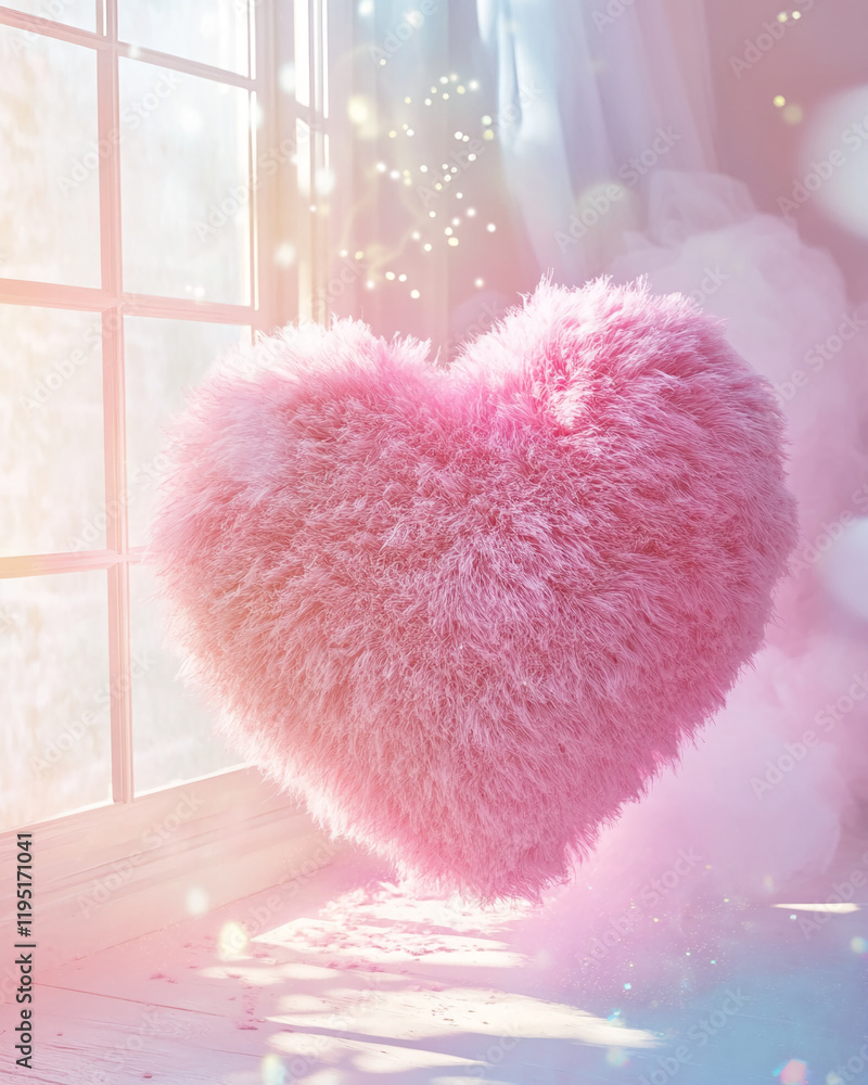 Fluffy Pink Heart by a Window with Sparkling Light for Valentine's Day Fluffy Pink Heart by a Window with Sparkling Light for Valentine's Day