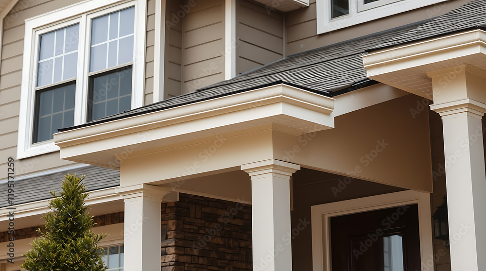 Elegant Home Exterior: Architectural Details of a Modern House. The image showcases the stunning design elements, including columns, roofline, and brickwork, creating a beautiful and inviting facade. Elegant Home Exterior: Architectural Details of a Modern House. The image showcases the stunning design elements, including columns, roofline, and brickwork, creating a beautiful and inviting facade.