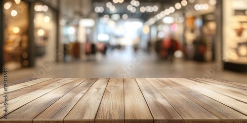 Wallpaper Mural Wooden table in foreground with smooth texture against a blurred shopping mall background featuring soft bokeh lights creating a warm atmosphere Torontodigital.ca