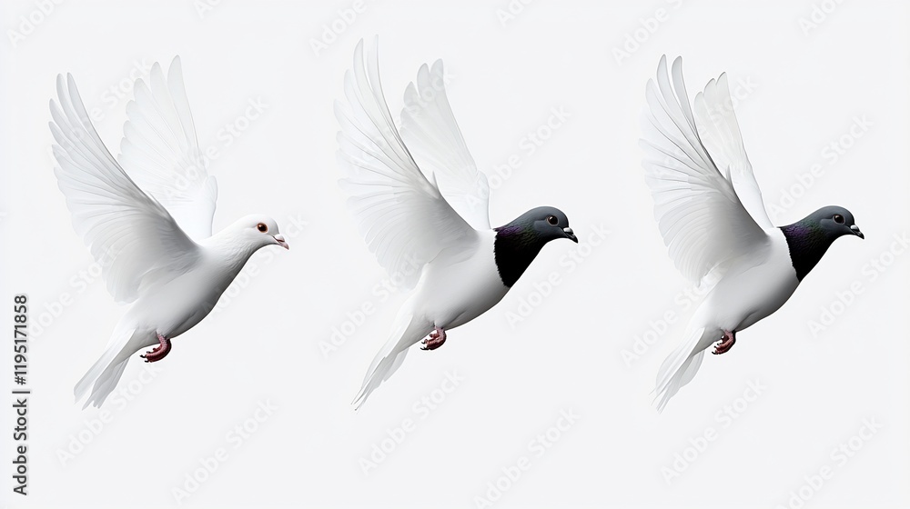 Obraz premium Three doves in flight, two white, one with dark markings.
