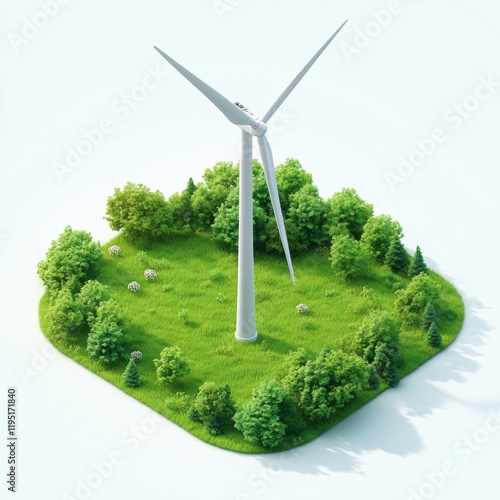 An isometric view of a wind turbine in a vegetated area, illustrating renewable energy and the integration of technology within a natural environment.