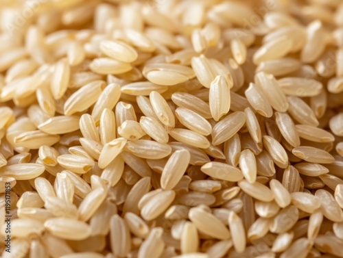 Close-up of brown rice grains. Focused view of uncooked brown rice grains. Highlighting their nutritional benefits and natural color. Ideal for health food blogs and dietary guides. photo