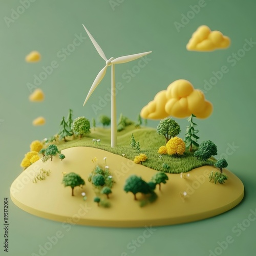 An isometric view of a wind turbine in a vegetated area, illustrating renewable energy and the integration of technology within a natural environment.