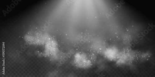 An image of soft beams of light illuminating mist and glitter-like sparkles, creating a magical and ethereal atmosphere on a dark, transparent background.

