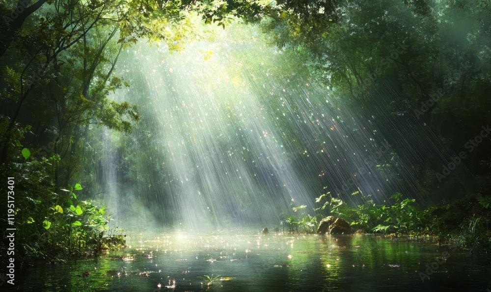 Obraz premium Sunlit rain falls on lush green forest, tranquil stream.