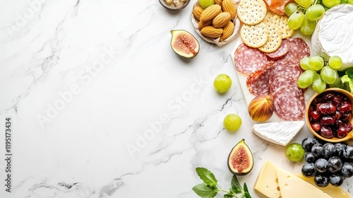 Wallpaper Mural Overhead shot of gourmet cheese, crackers, salami, grapes, figs, and almonds arranged on a marble surface. Torontodigital.ca