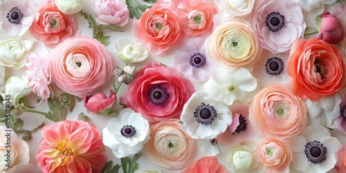Colorful floral flat lay featuring soft pink, peach, white ranunculus and anemone flowers arranged over a light background with ample copy space.