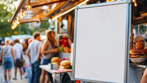 Busy food truck scene with people enjoying outdoor dining and vibrant food options available