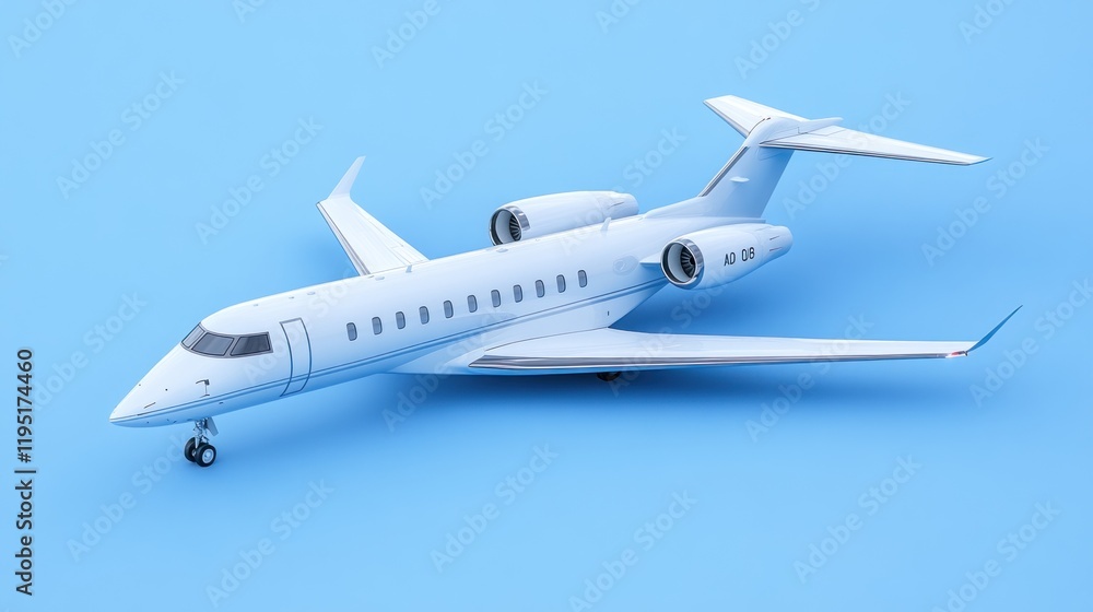 A model of a private jet on a blue background, showcasing its sleek design and features. A model of a private jet on a blue background, showcasing its sleek design and features.