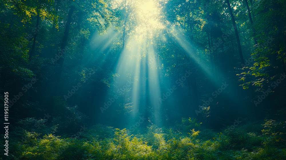 Fototapeta premium Sunbeams Illuminating a Mystical Green Forest: An Enchanting Nature Scene
