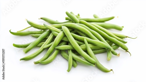 Fresh green beans pile isolated on white.