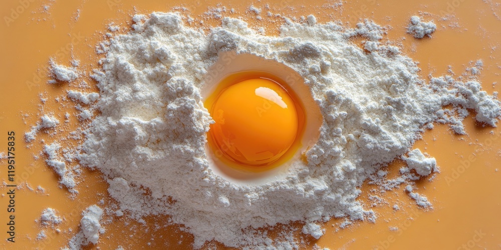 Egg yolk nestled in a mound of white flour on an orange background, illustrating dough preparation in a culinary setting Egg yolk nestled in a mound of white flour on an orange background, illustrating dough preparation in a culinary setting