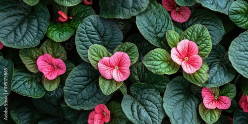 Vibrant pink Episcia flowers amidst lush green leaves creating a stunning natural backdrop positioned centrally for design projects and floral aesthetics. photo