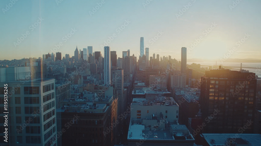 Fototapeta premium Stunning city skyline at sunset with tall buildings and warm light