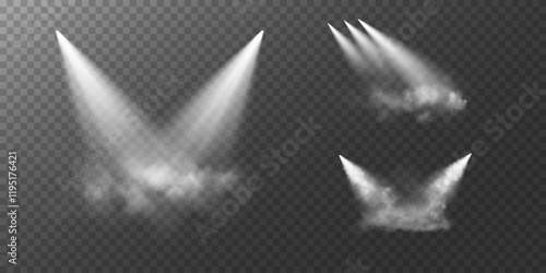 An image featuring multiple white spotlights shining at various angles, with light beams diffused through a subtle mist, set against a transparent checkered background.