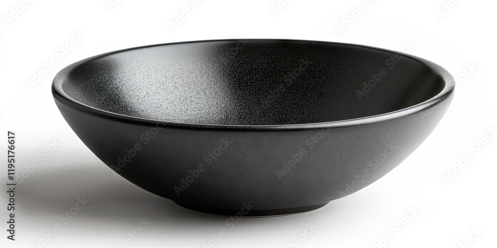 Deep round black ceramic bowl with a smooth matte finish positioned to the right on a bright white background highlighting its elegant form. Deep round black ceramic bowl with a smooth matte finish positioned to the right on a bright white background highlighting its elegant form.