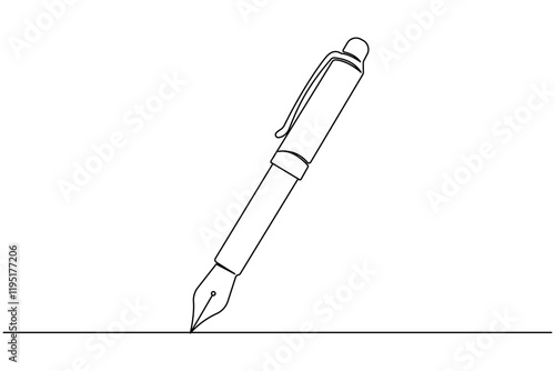 Pen continuous one line drawing and ball pen icon isolated outline flat vector illustration