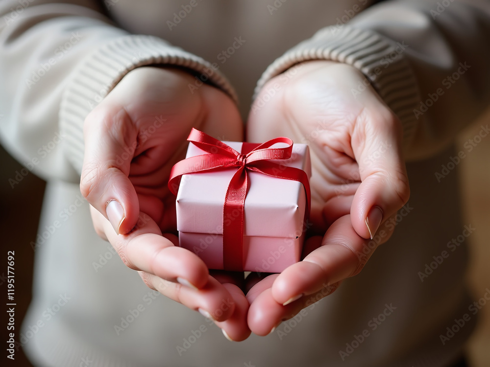 A Person Holds Hands Together Forming A Heart Shaped Object Containing A Small Wrapped Gift. 00003 A Person Holds Hands Together Forming A Heart Shaped Object Containing A Small Wrapped Gift. 00003