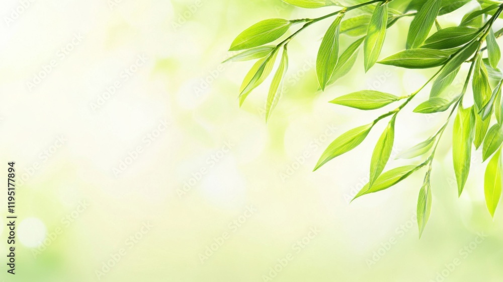 Fototapeta premium Delicate willow branches in fresh green, soft morning light, serene and minimalist Qingming Festival scene.