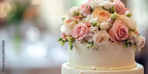 Elegant white wedding cake topped with pink and white roses positioned at the center against a soft blurred background for a romantic atmosphere