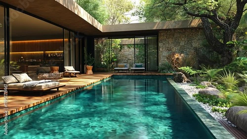 Wallpaper Mural Tropical Oasis: Immerse yourself in the tranquility of a modern architectural retreat. A shimmering pool surrounded by lush greenery, wooden loungers. Torontodigital.ca