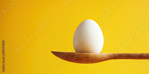 White Easter egg resting on a wooden spoon centered in the foreground with a vibrant yellow background providing a cheerful spring atmosphere