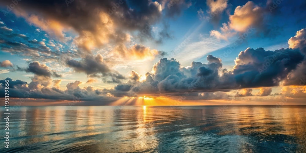 Obraz premium Muted hues of dawn break through clouds, a serene ocean lies beneath , background, sunrise, background, sunrise, serene