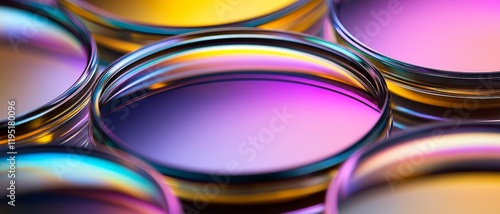 Modern eyeglass lenses with various colored coatings. Abstract composition of reflective surfaces and gradients. Generative AI background