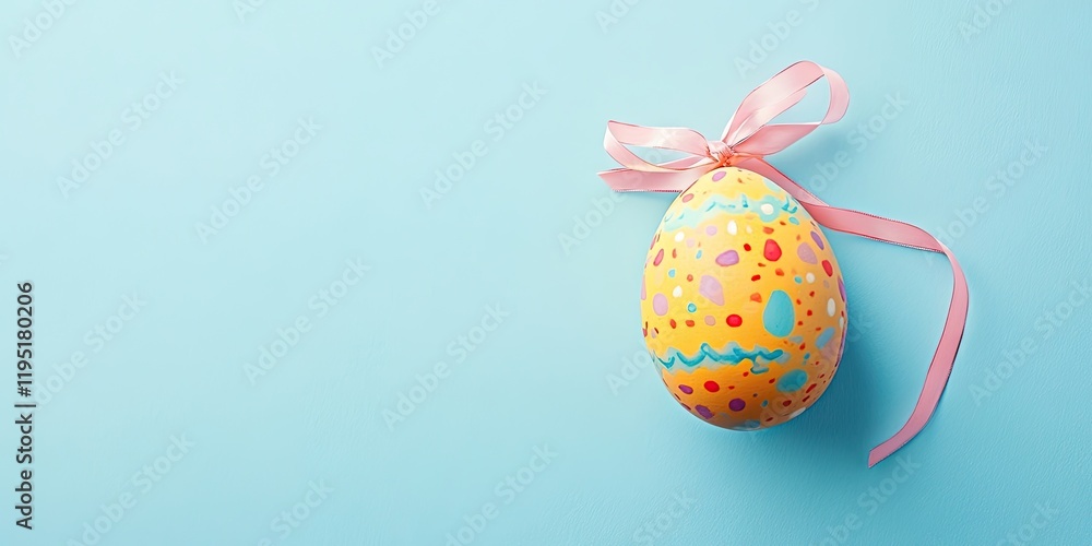 Colorful Easter egg with pink ribbon on soft blue background flat lay perspective ideal for festive greetings ample negative space for text Colorful Easter egg with pink ribbon on soft blue background flat lay perspective ideal for festive greetings ample negative space for text