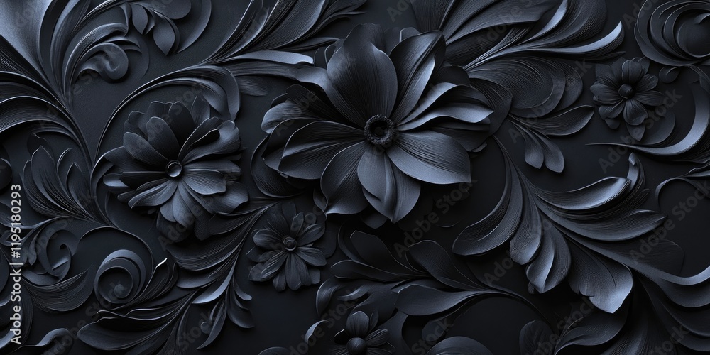 Elegant black floral design featuring intricate 3D embossed flowers and leaves with subtle light reflections creating a luxurious texture. Elegant black floral design featuring intricate 3D embossed flowers and leaves with subtle light reflections creating a luxurious texture.