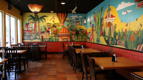 Colorful mural in restaurant with wooden tables and chairs, vibrant decor