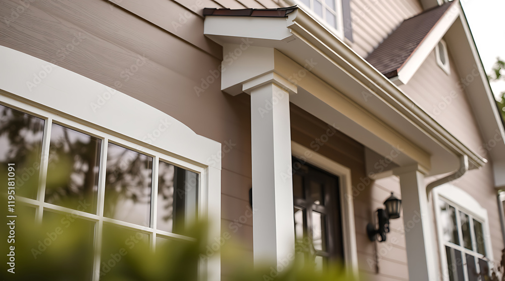 Elegant Home Exterior: Architectural Details and Design. High-quality image showcasing the beauty of residential architecture, focusing on exterior details like windows, doors, and roofing. Elegant Home Exterior: Architectural Details and Design. High-quality image showcasing the beauty of residential architecture, focusing on exterior details like windows, doors, and roofing.