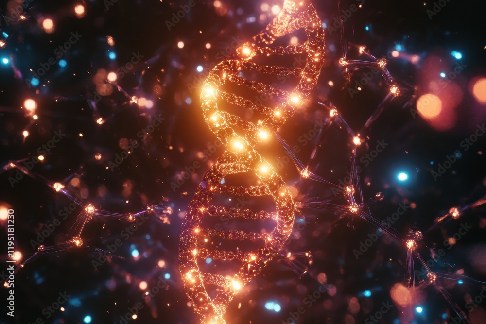 Fototapeta premium Glowing DNA double helix illuminated in a molecular environment during a scientific exploration. Generative AI