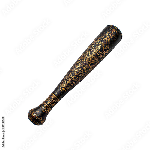 Black metal baseball bat decorated with gold pattern png photo