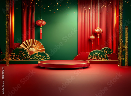 Elegant red and green festive backdrop with a circular podium, adorned with lanterns,  firecrackers, and gold detailing. Perfect for product display or celebration. photo