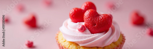 A Cupcake Or Tartlet With Pink Meringue Cream Is Decorated With Two Big Red Hearts And Small Heart Shape Candies. 00003