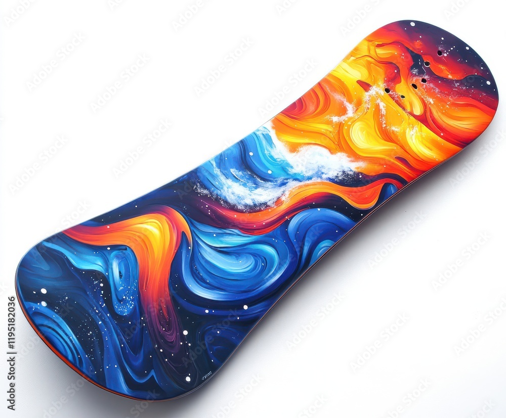 A sleek snowboard with vibrant designs isolated on a white background embodying the thrill of adventure and recreational winter sports