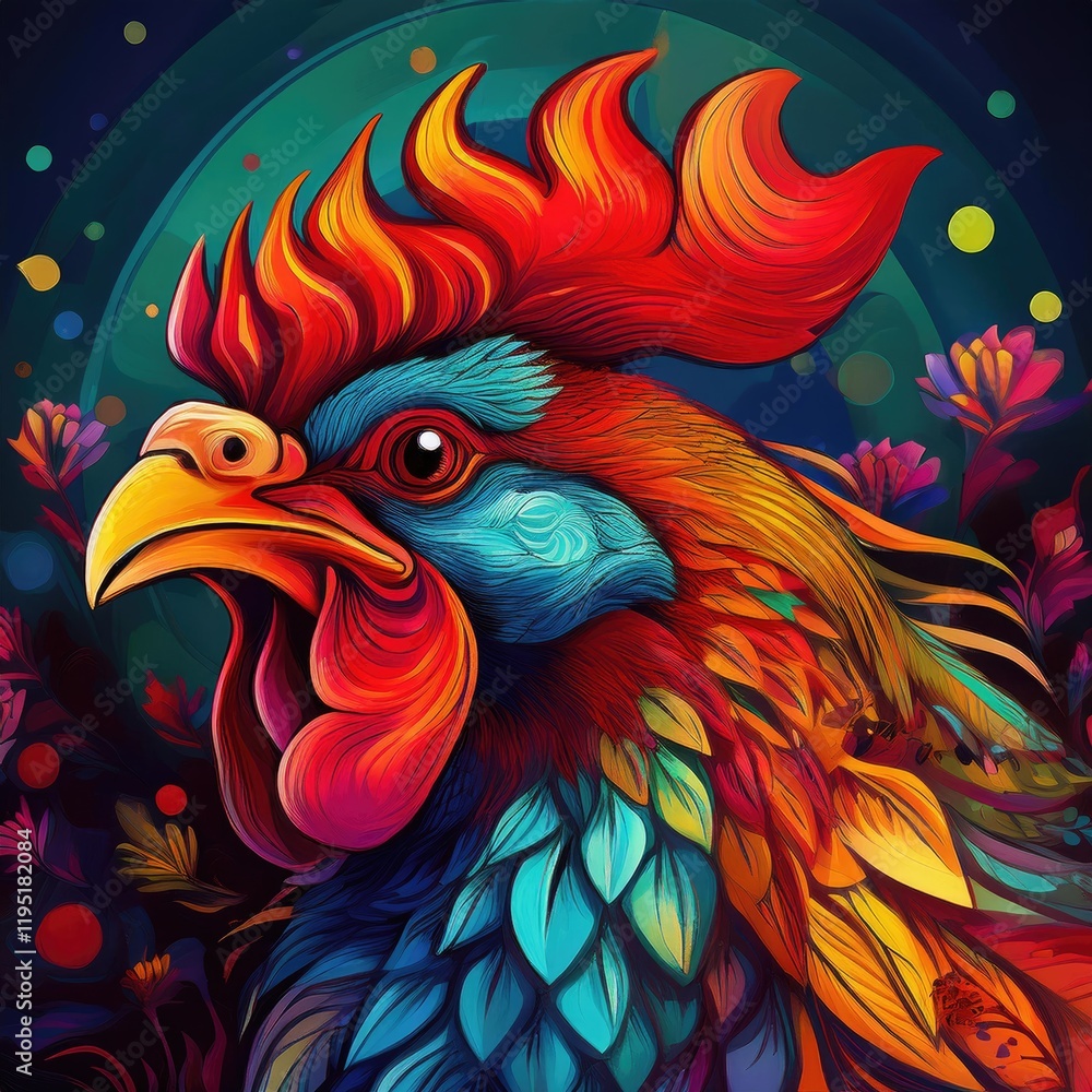 The colorful painting of a rooster resembles the Chinese zodiac sign, the brown Rooster. The colorful painting of a rooster resembles the Chinese zodiac sign, the brown Rooster.