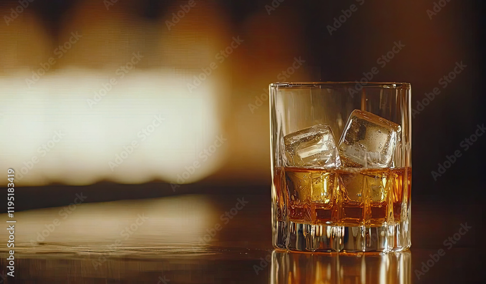 Whiskey glass with ice cubes on wooden table Whiskey glass with ice cubes on wooden table