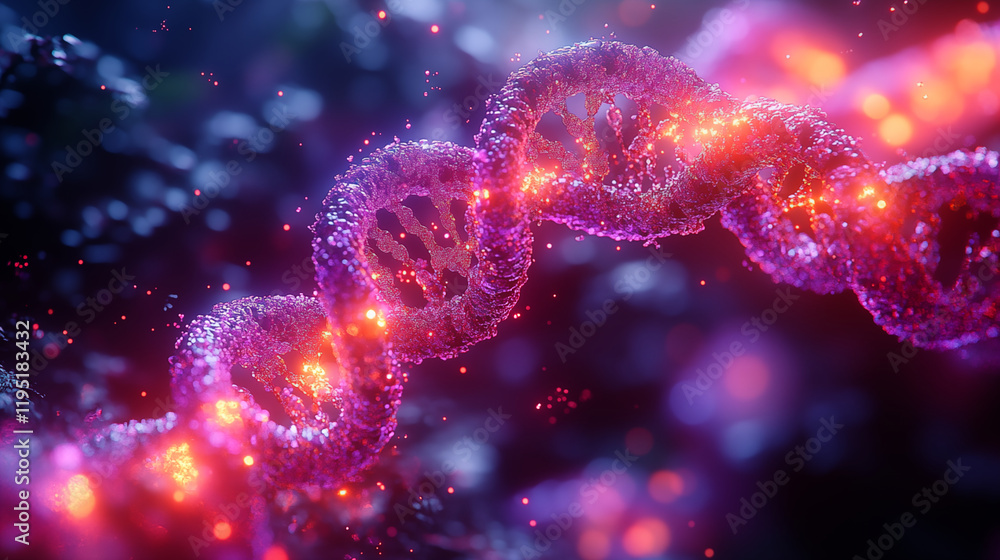 DNA structure glowing pink in dark space, representing genetic research advancement DNA structure glowing pink in dark space, representing genetic research advancement