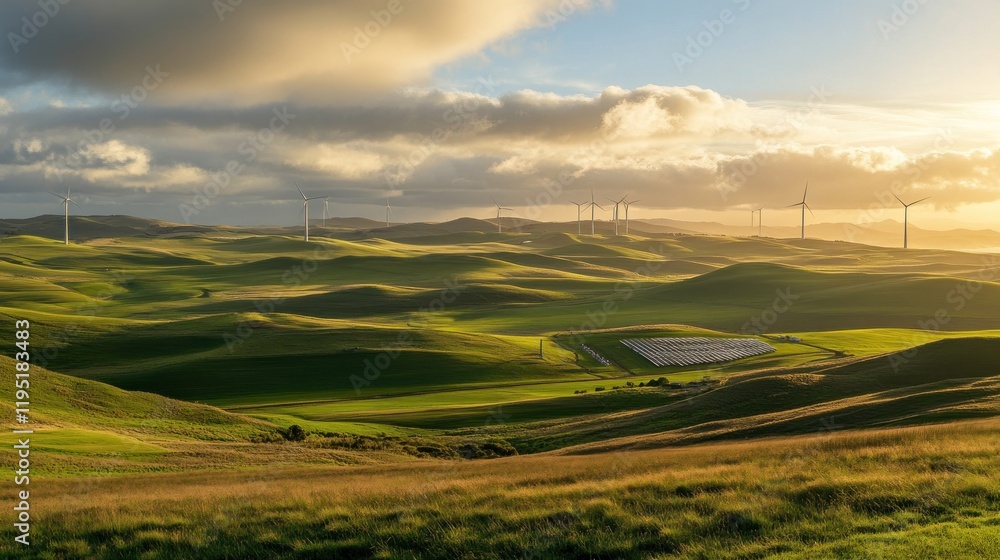 Scenic landscape featuring rolling hills, wind turbines, and a serene sunset. Scenic landscape featuring rolling hills, wind turbines, and a serene sunset.