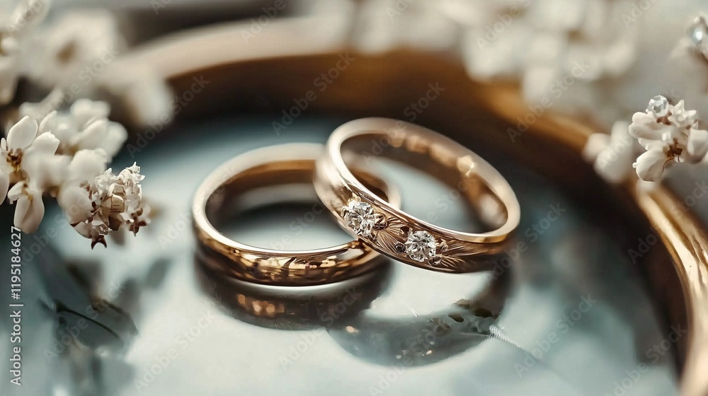 Close-up of classical wedding rings symbolizing love and commitment, surrounded by delicate flowers. Close-up of classical wedding rings symbolizing love and commitment, surrounded by delicate flowers.