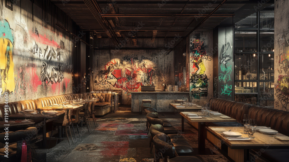 Stylish urban restaurant interior with graffiti art and cozy seating Stylish urban restaurant interior with graffiti art and cozy seating