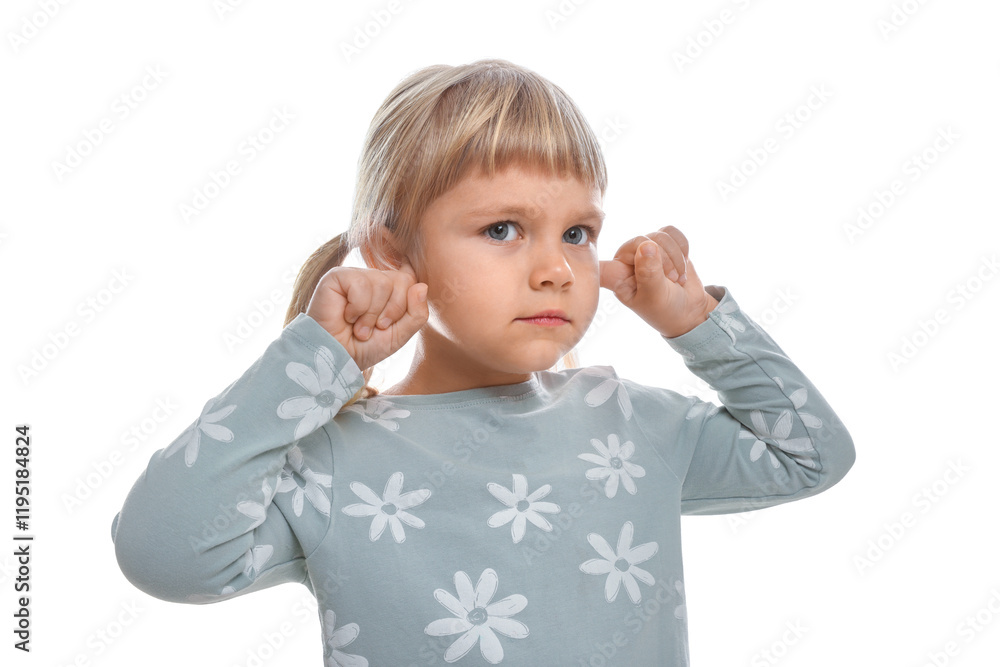 Little girl covering her ears with fingers on white background Little girl covering her ears with fingers on white background