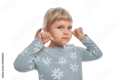 Little girl covering her ears with fingers on white background photo