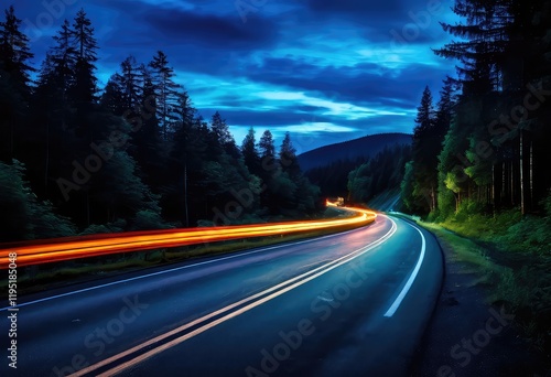 There is a winding road that passes through a dense forest at night