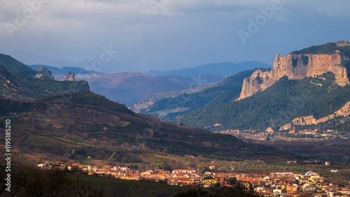 top view of the village of Grisolia with a cloudy sky in the background, Cosenza